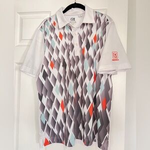 Cutter & Buck Golf polo Shirt White Gray Geometric Design TPC private Club men M